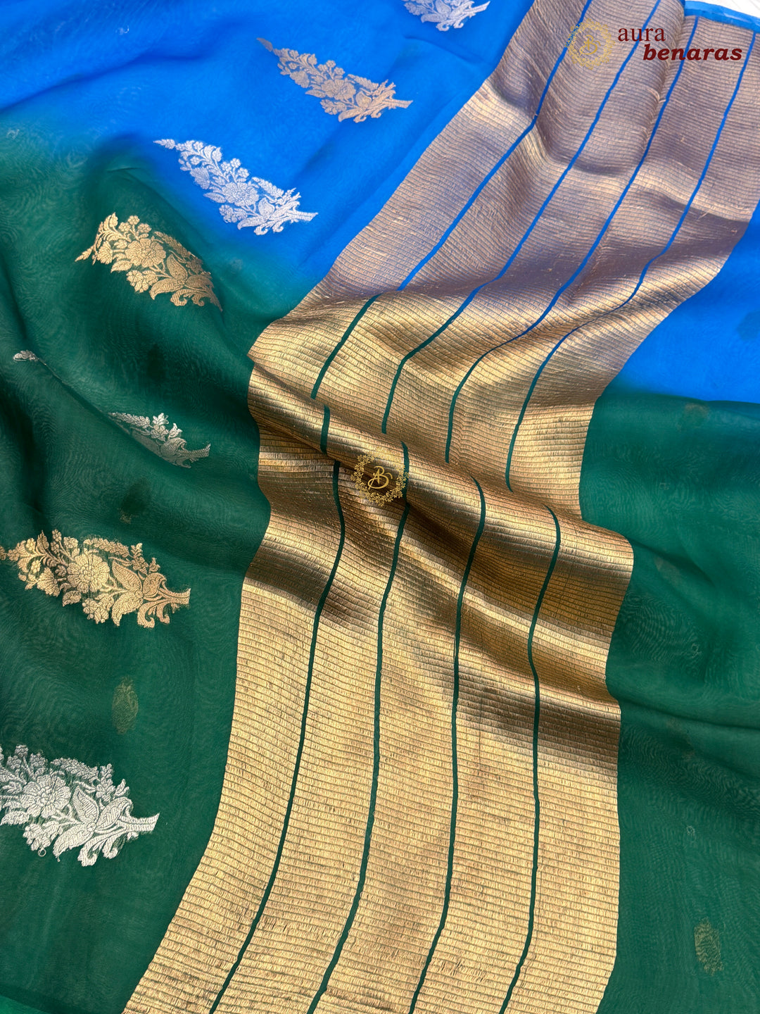 Blue Green Shaded Kora Silk Banarasi Saree with Butis