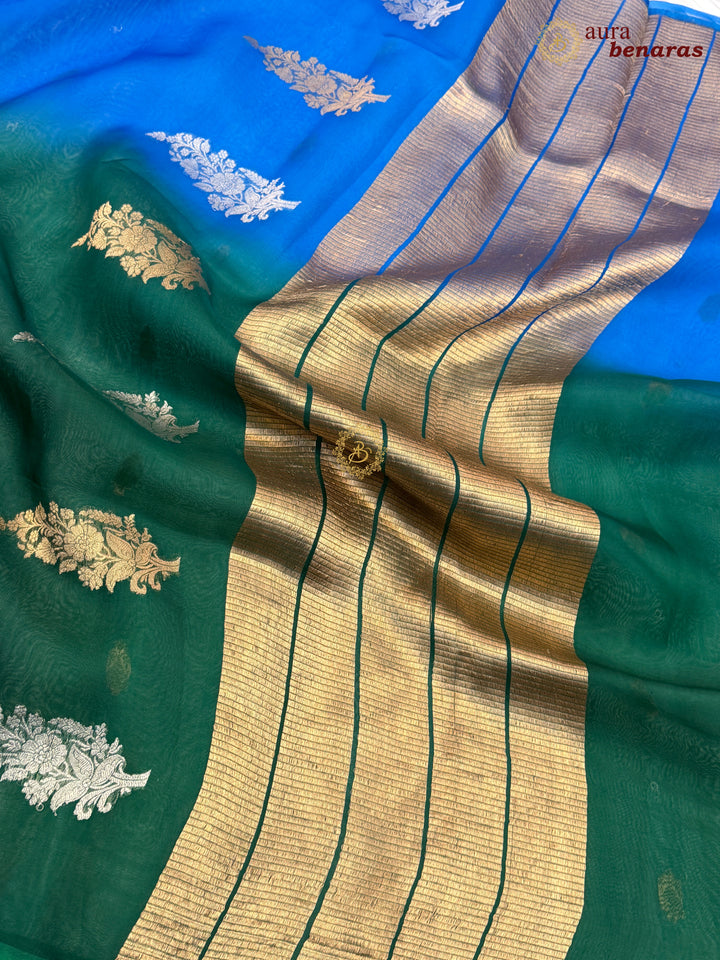 Blue Green Shaded Kora Silk Banarasi Saree with Butis