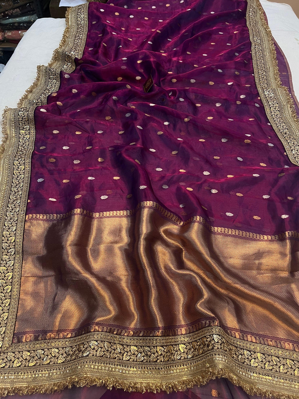 Wine Pure Banarasi Handloom Tissue Silk Saree - Aura Benaras