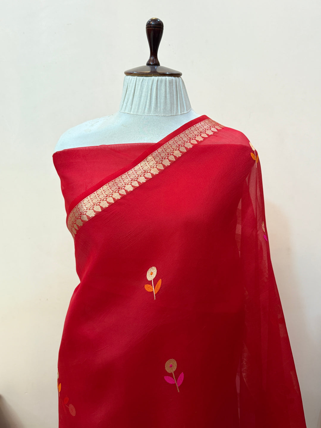 Red Kora Silk Banarasi Saree with Kadhwa Zari & Meenakari