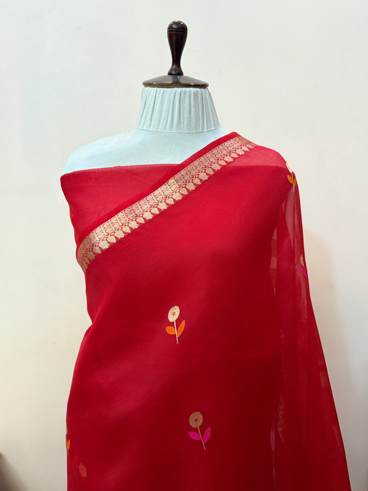 Red Kora Silk Banarasi Saree with Kadhwa Zari & Meenakari