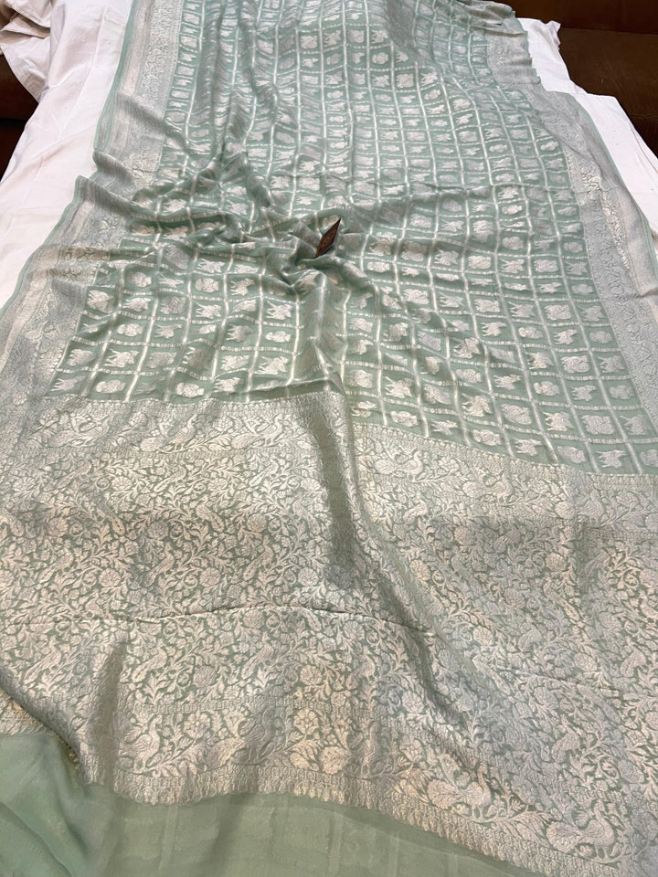 Sage Green Banarasi Handloom Pure Khaddi Georgette Silk Saree - Aura Benaras