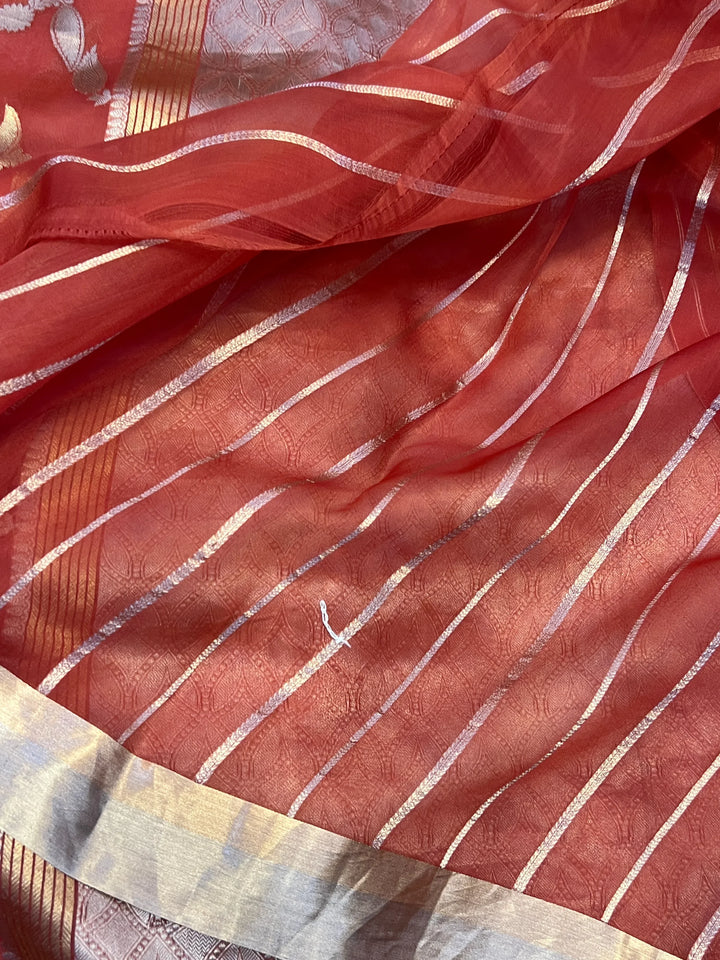 Rust Pure Kora Silk Handloom Banarasi Saree