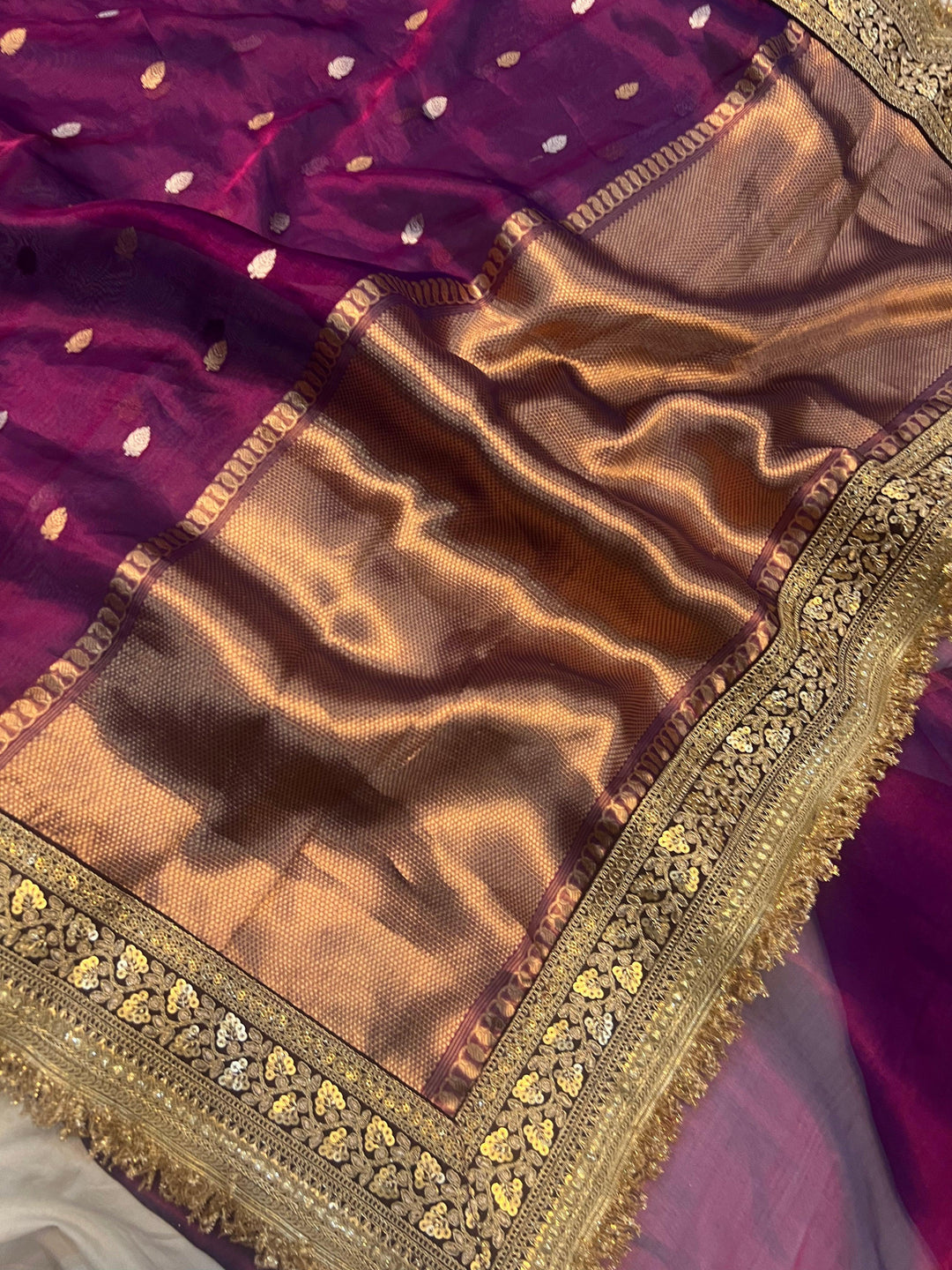 Wine Pure Banarasi Handloom Tissue Silk Saree - Aura Benaras