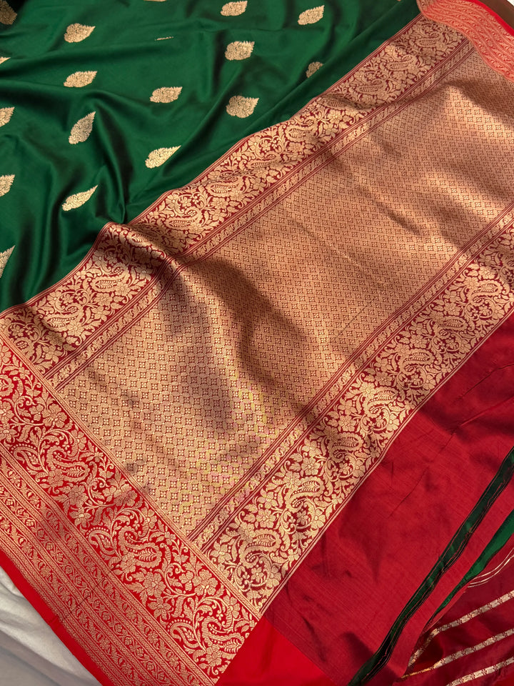 Bottle Green Pure Banarasi Handloom Katan Silk Saree