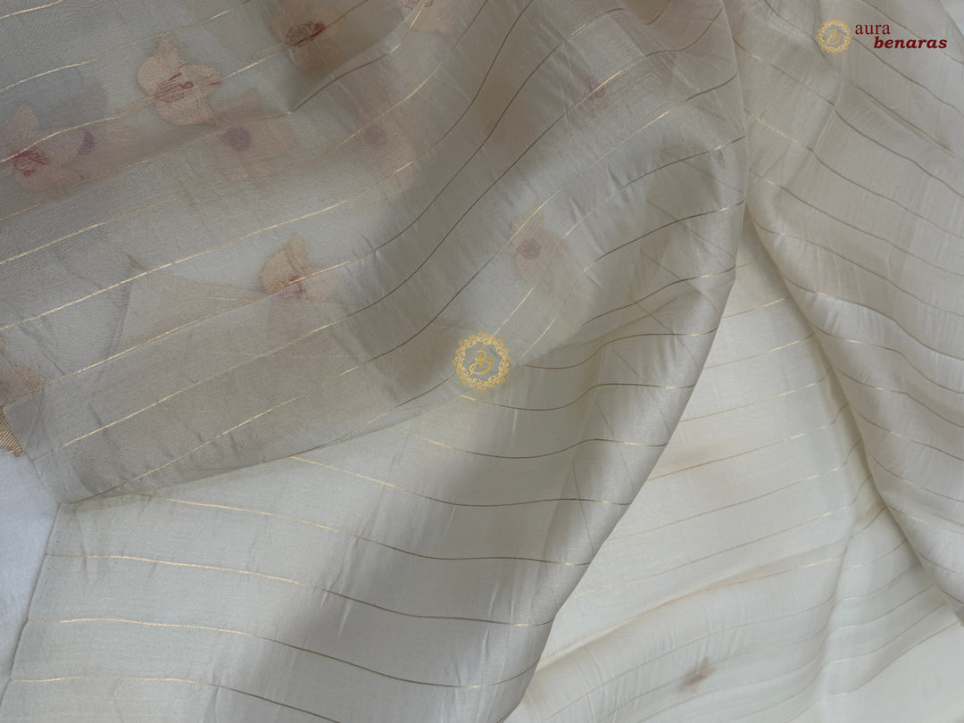 Cream Pure Kora Silk Banarasi Saree with Kadhwa Meenakari Lotus