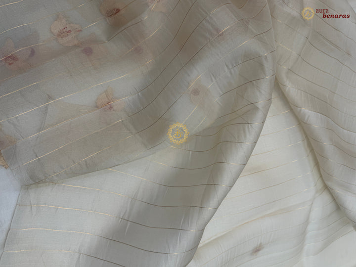 Cream Pure Kora Silk Banarasi Saree with Kadhwa Meenakari Lotus