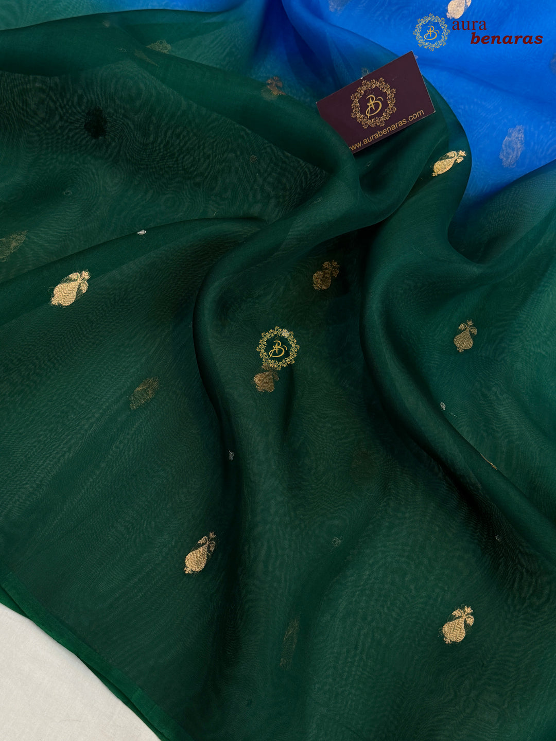 Blue Green Shaded Kora Silk Banarasi Saree with Butis