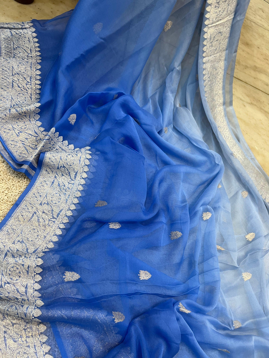 Blue Shaded Khaddi Chiffon Banarasi Handloom Saree