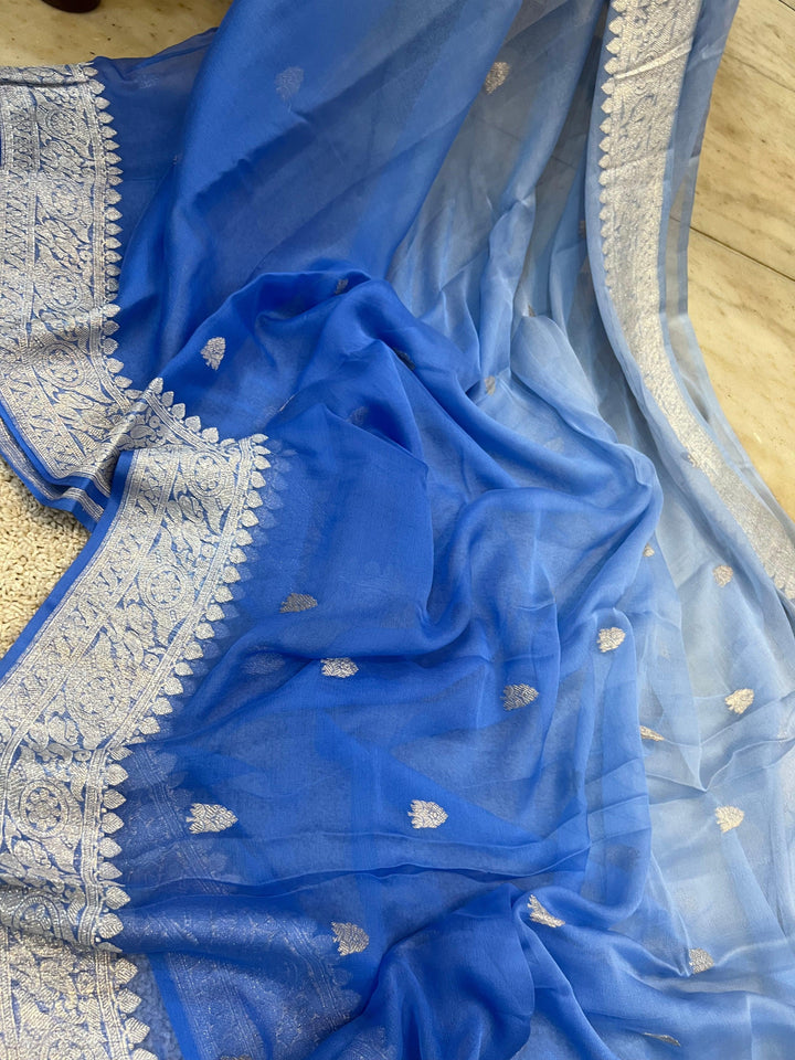 Blue Shaded Khaddi Chiffon Banarasi Handloom Saree