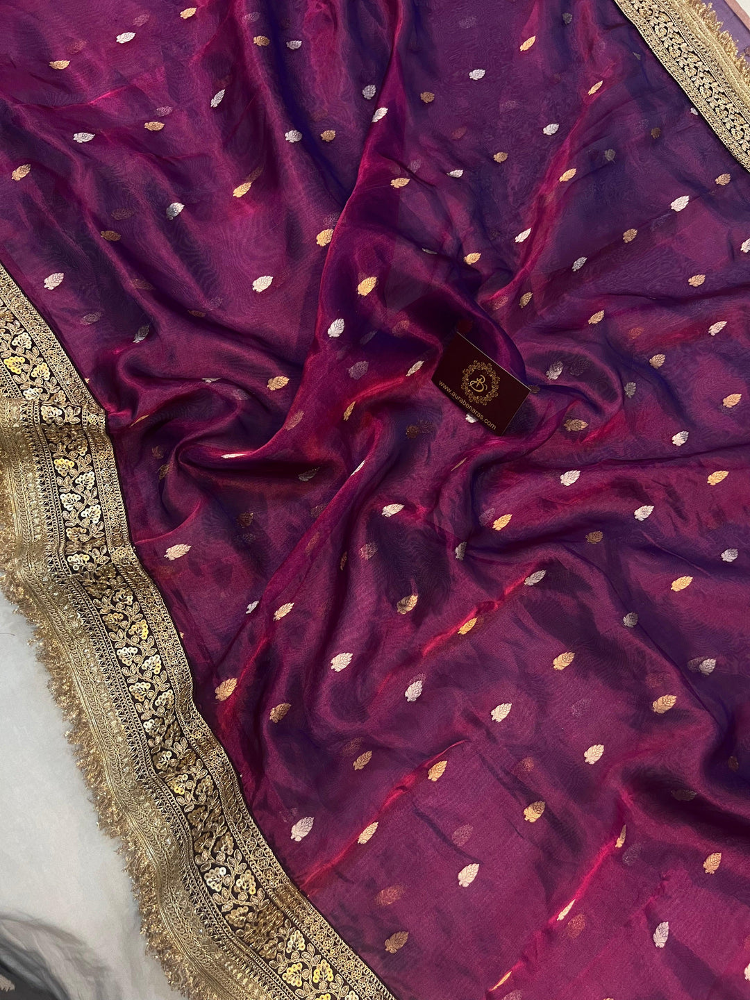 Wine Pure Banarasi Handloom Tissue Silk Saree - Aura Benaras