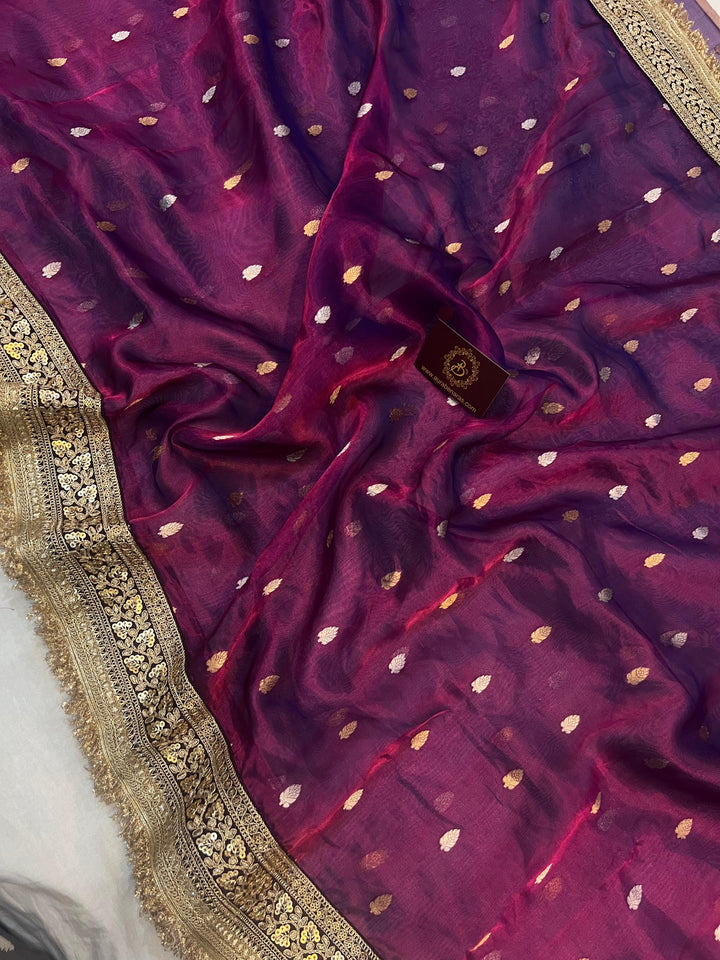 Wine Pure Banarasi Handloom Tissue Silk Saree - Aura Benaras