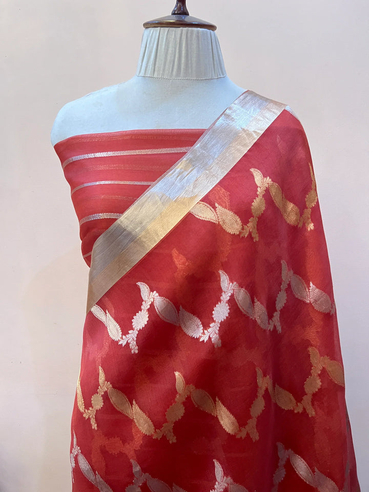 Rust Pure Kora Silk Handloom Banarasi Saree