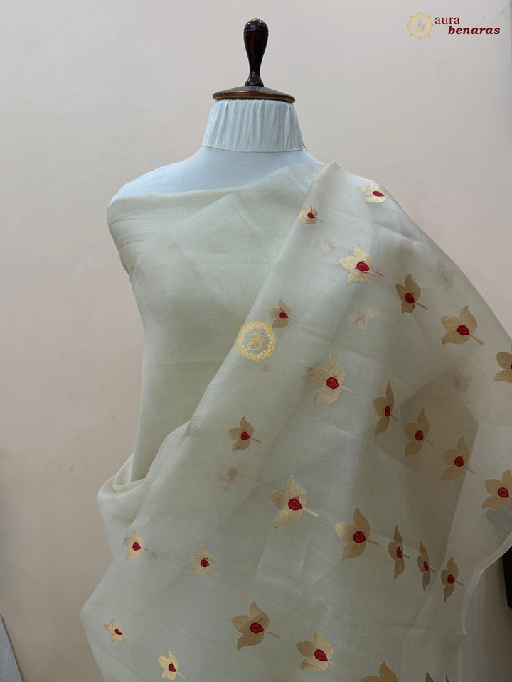 Cream Pure Kora Silk Handloom Banarasi Saree