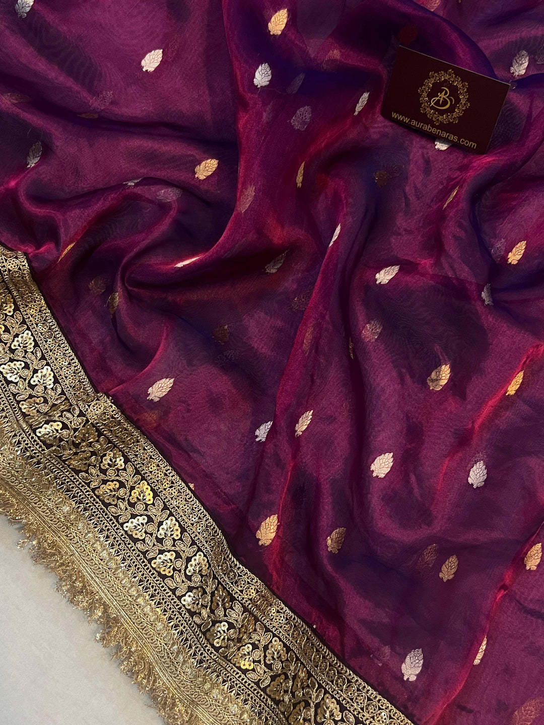 Wine Pure Banarasi Handloom Tissue Silk Saree - Aura Benaras