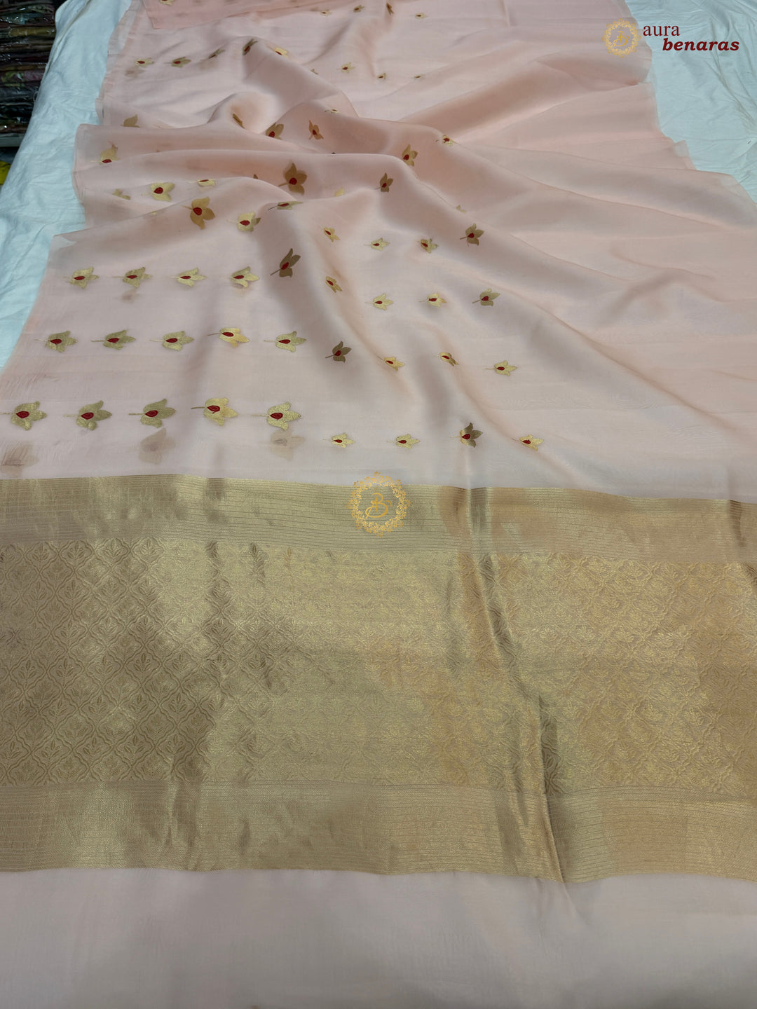 Tale Peach Pure Kora Silk Banarasi Saree with Kadhwa Meenakari Lotus