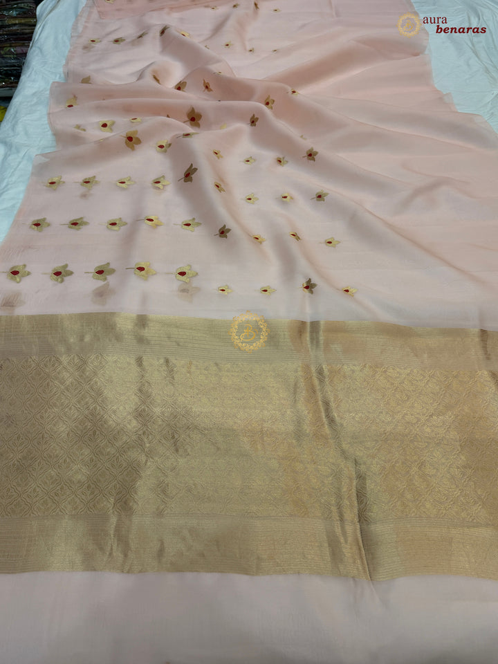 Tale Peach Pure Kora Silk Banarasi Saree with Kadhwa Meenakari Lotus