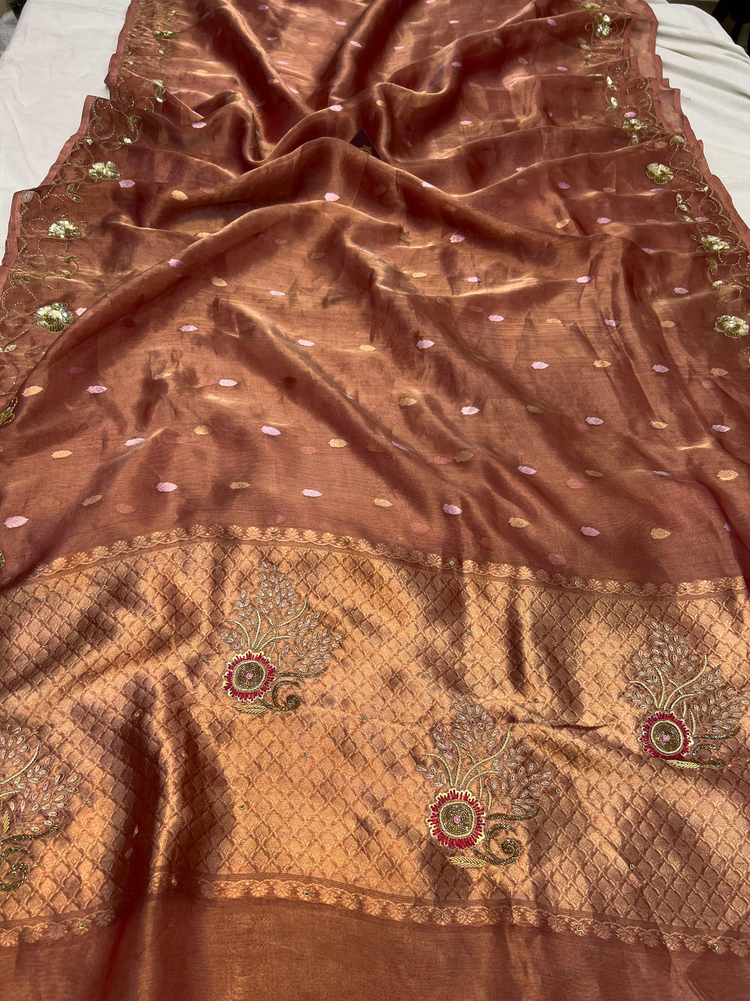 Orange Pure Tissue Silk Banarasi Saree with Zardozi Border