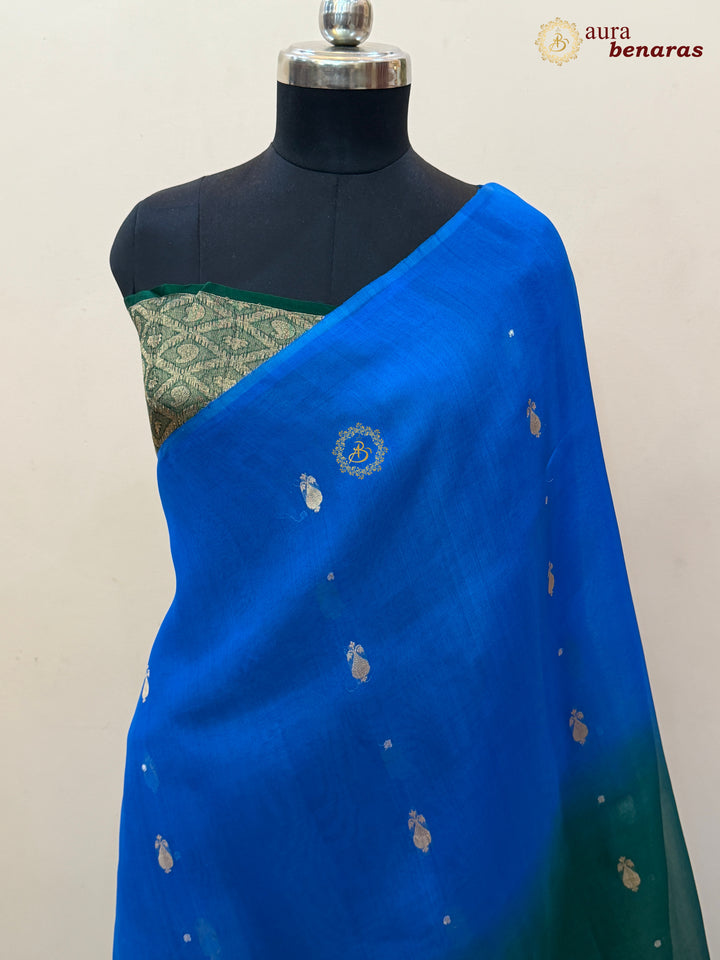 Blue Green Shaded Kora Silk Banarasi Saree with Butis