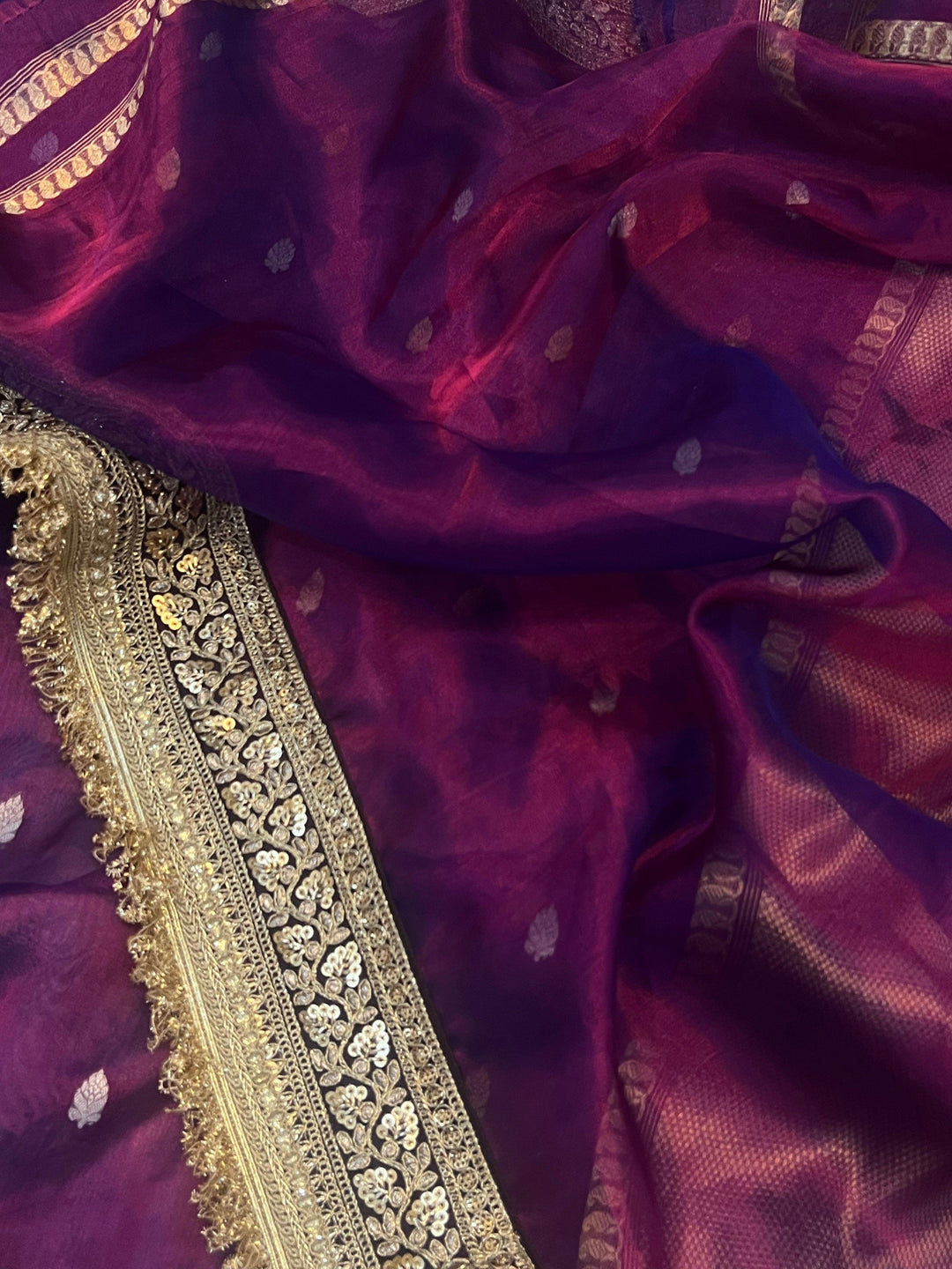 Wine Pure Banarasi Handloom Tissue Silk Saree - Aura Benaras