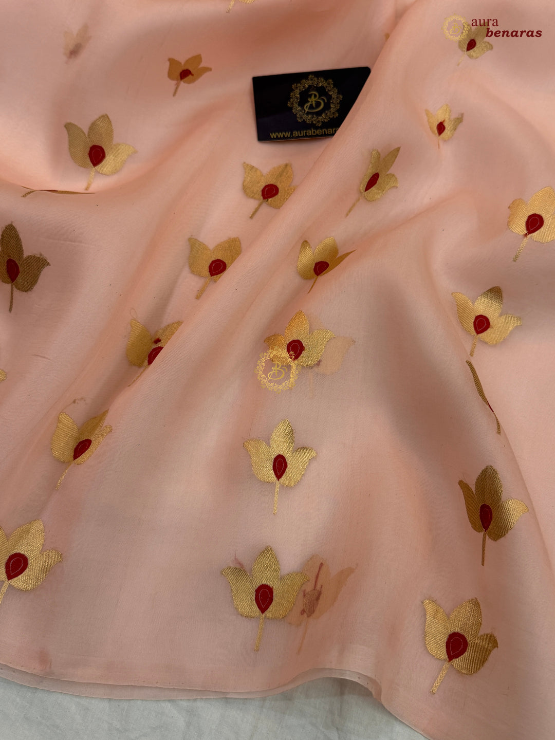Tale Peach Pure Kora Silk Banarasi Saree with Kadhwa Meenakari Lotus