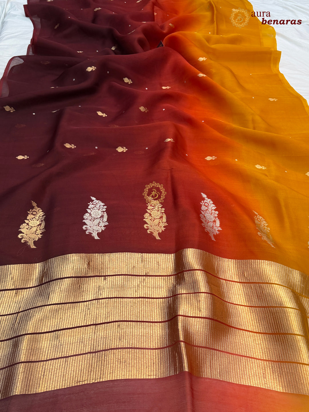 Yellow Maroon Shaded Kora Silk Banarasi Saree with Butis