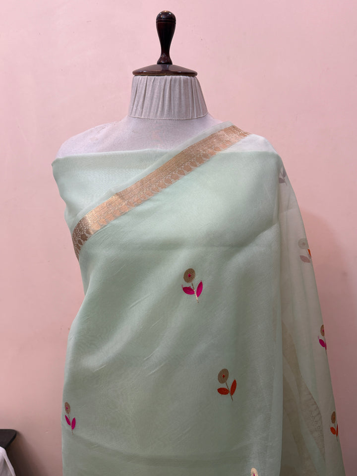 Pastel Green Kora Silk Banarasi Saree with Kadhwa Zari 