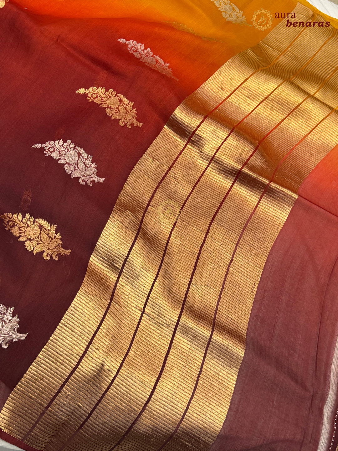 Yellow Maroon Shaded Kora Silk Banarasi Saree with Butis