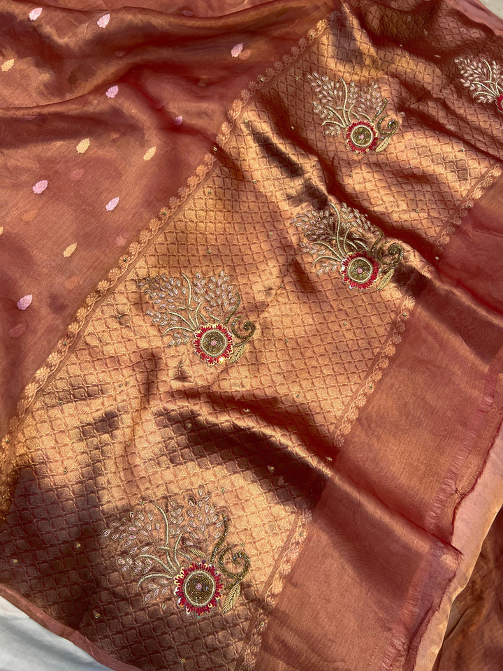 Orange Pure Tissue Silk Banarasi Saree with Zardozi Border