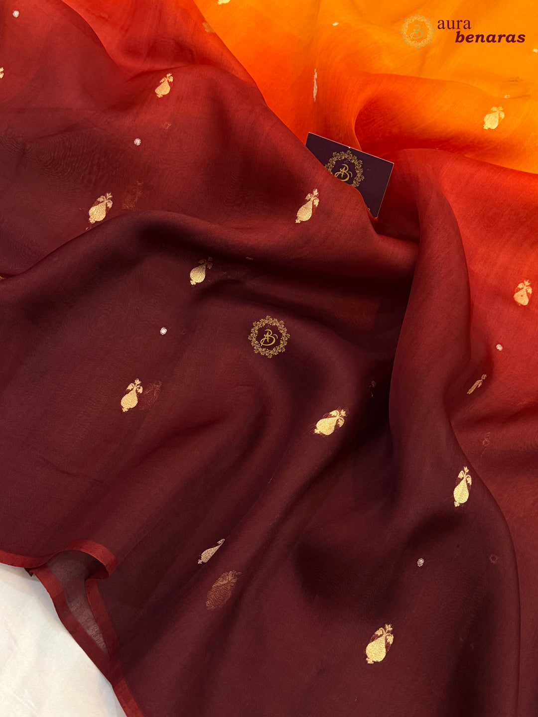 Yellow Maroon Shaded Kora Silk Banarasi Saree with Butis