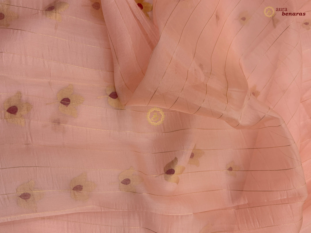 Tale Peach Pure Kora Silk Banarasi Saree with Kadhwa Meenakari Lotus