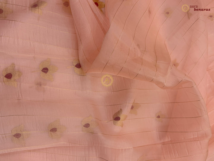 Tale Peach Pure Kora Silk Banarasi Saree with Kadhwa Meenakari Lotus