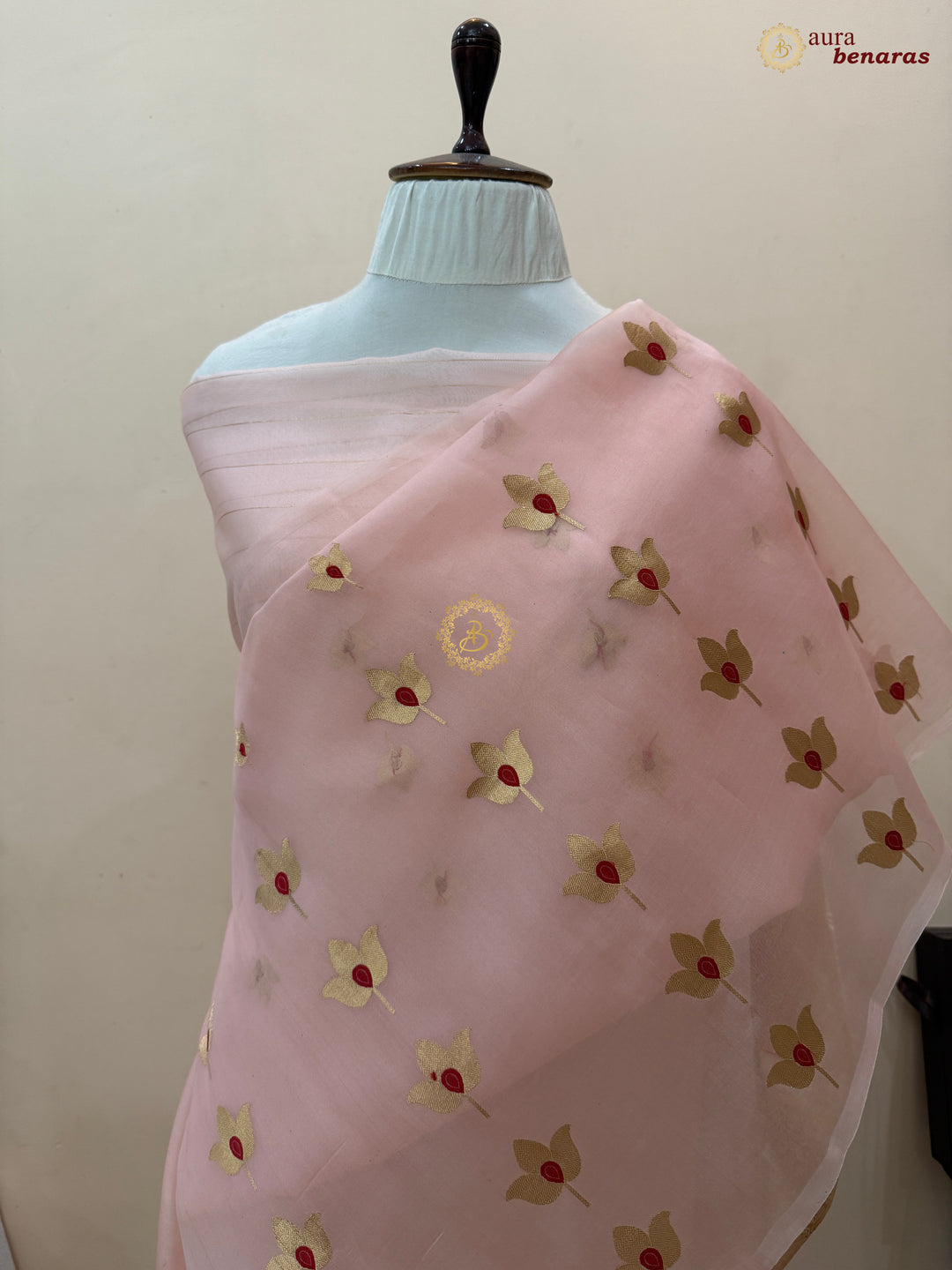 Tale Peach Pure Kora Silk Banarasi Saree with Kadhwa Meenakari Lotus