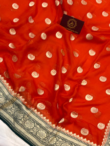 Orange Banarasi Handloom Pure Georgette Saree - Aura Benaras