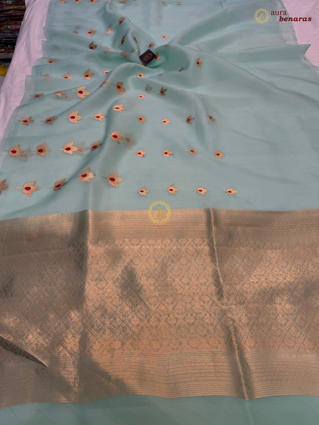Sky Blue Pure Kora Silk Banarasi Saree with Kadhwa Meenakari Lotus