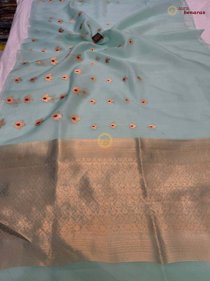 Sky Blue Pure Kora Silk Banarasi Saree with Kadhwa Meenakari Lotus
