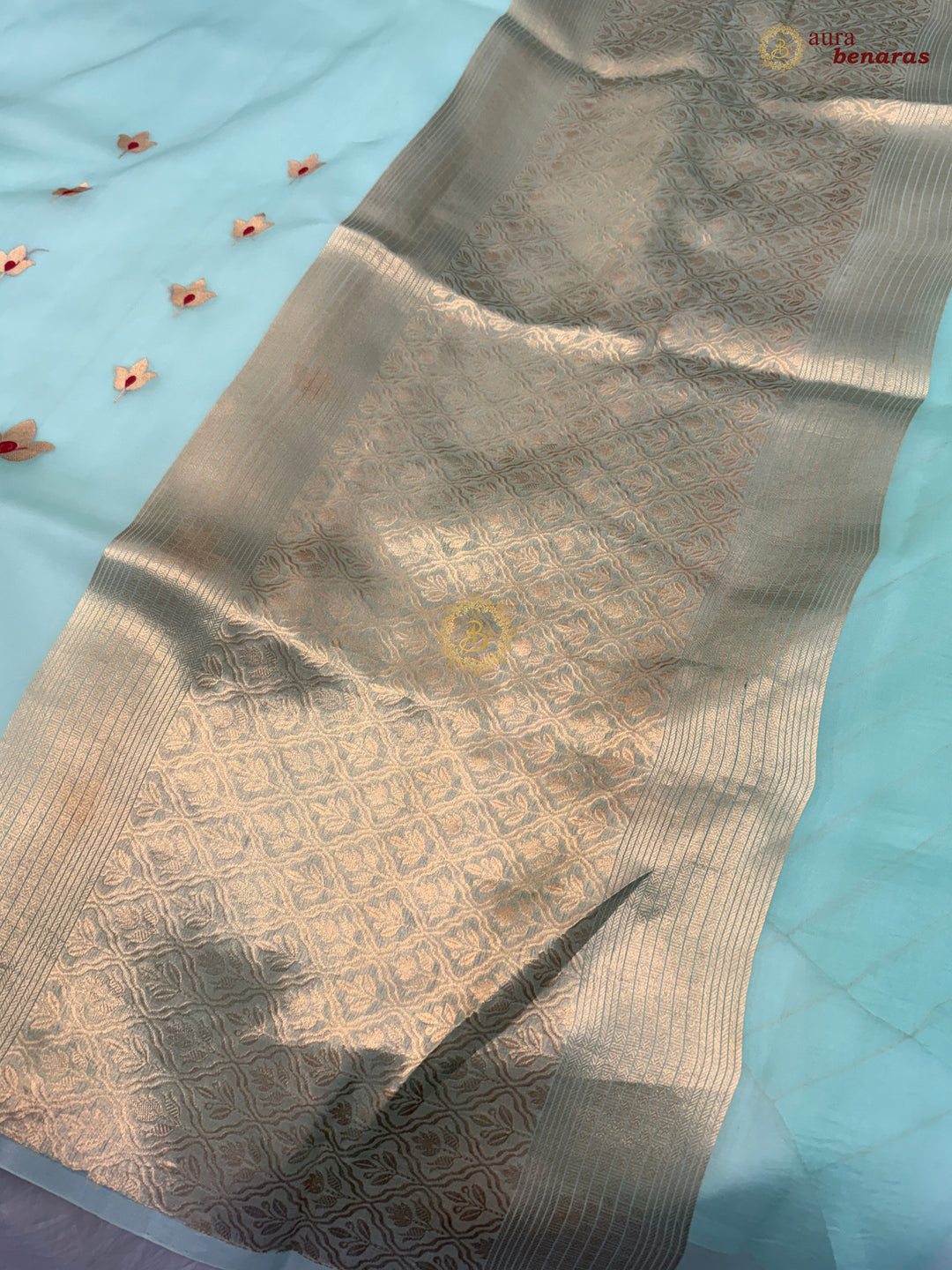 Sky Blue Pure Kora Silk Handloom Banarasi Saree