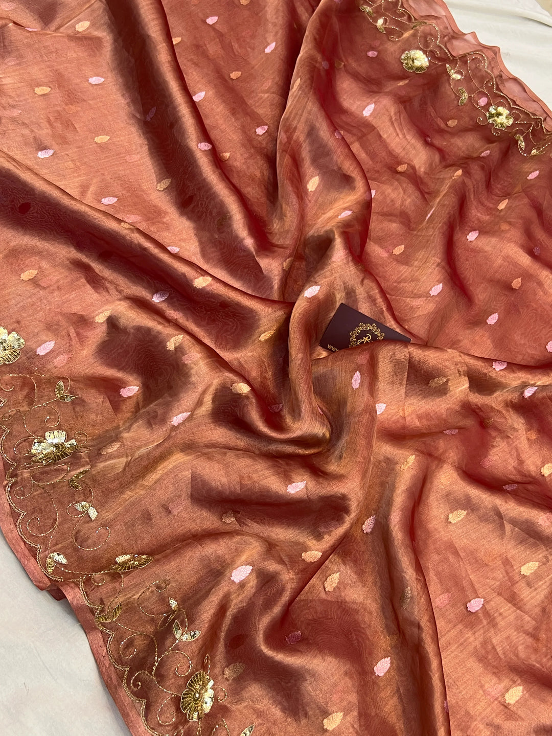 Orange Pure Tissue Silk Banarasi Saree with Zardozi Border