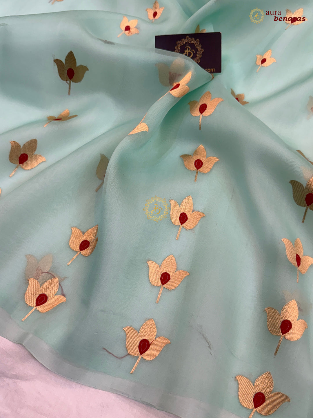 Sky Blue Pure Kora Silk Banarasi Saree with Kadhwa Meenakari Lotus
