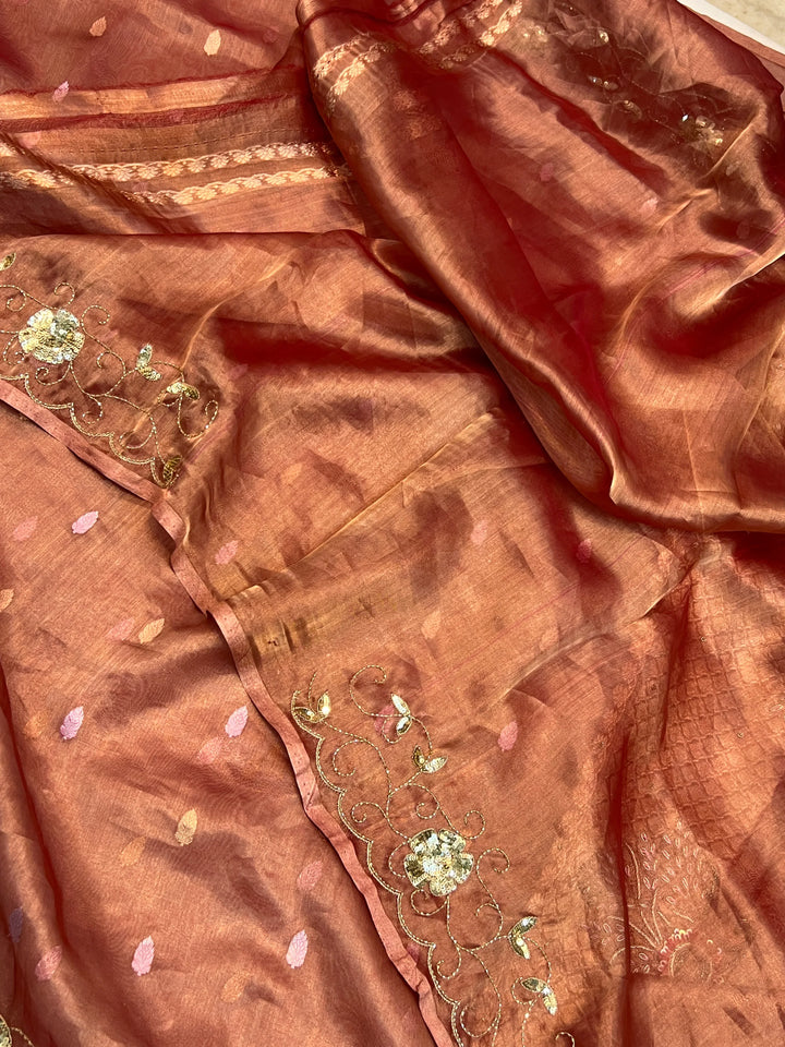 Orange Pure Tissue Silk Banarasi Saree with Zardozi Border