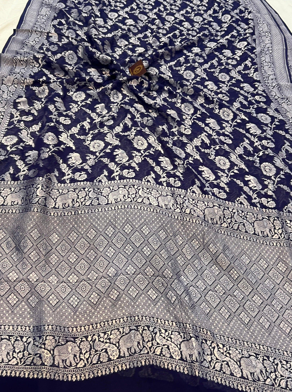 Navy Blue  Pure Banarasi Khaddi Georgette Saree - Aura Benaras