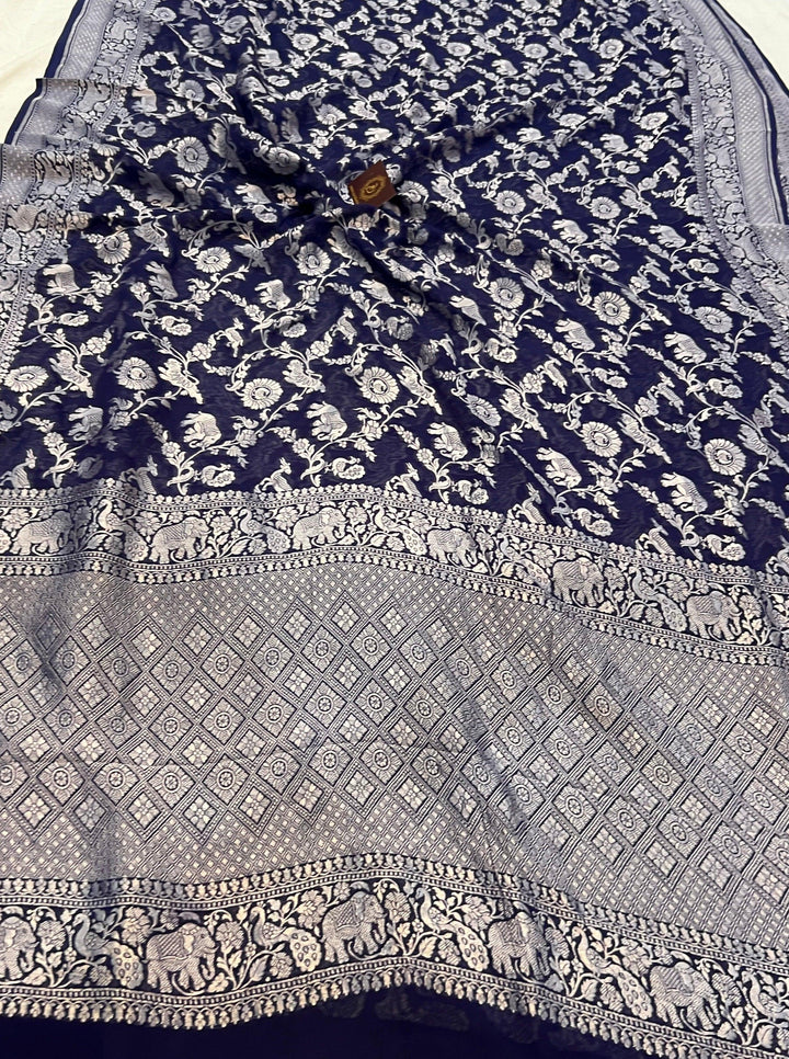 Navy Blue  Pure Banarasi Khaddi Georgette Saree - Aura Benaras