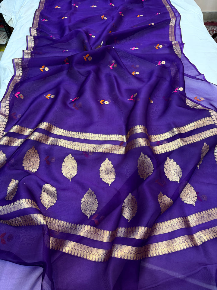 Purple Pure Kora Silk Handloom Banarasi Saree