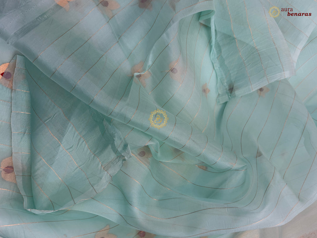 Sky Blue Pure Kora Silk Banarasi Saree with Kadhwa Meenakari Lotus