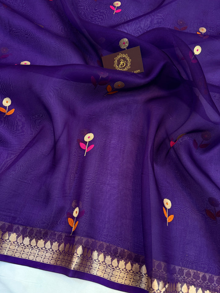 Purple Pure Kora Silk Handloom Banarasi Saree