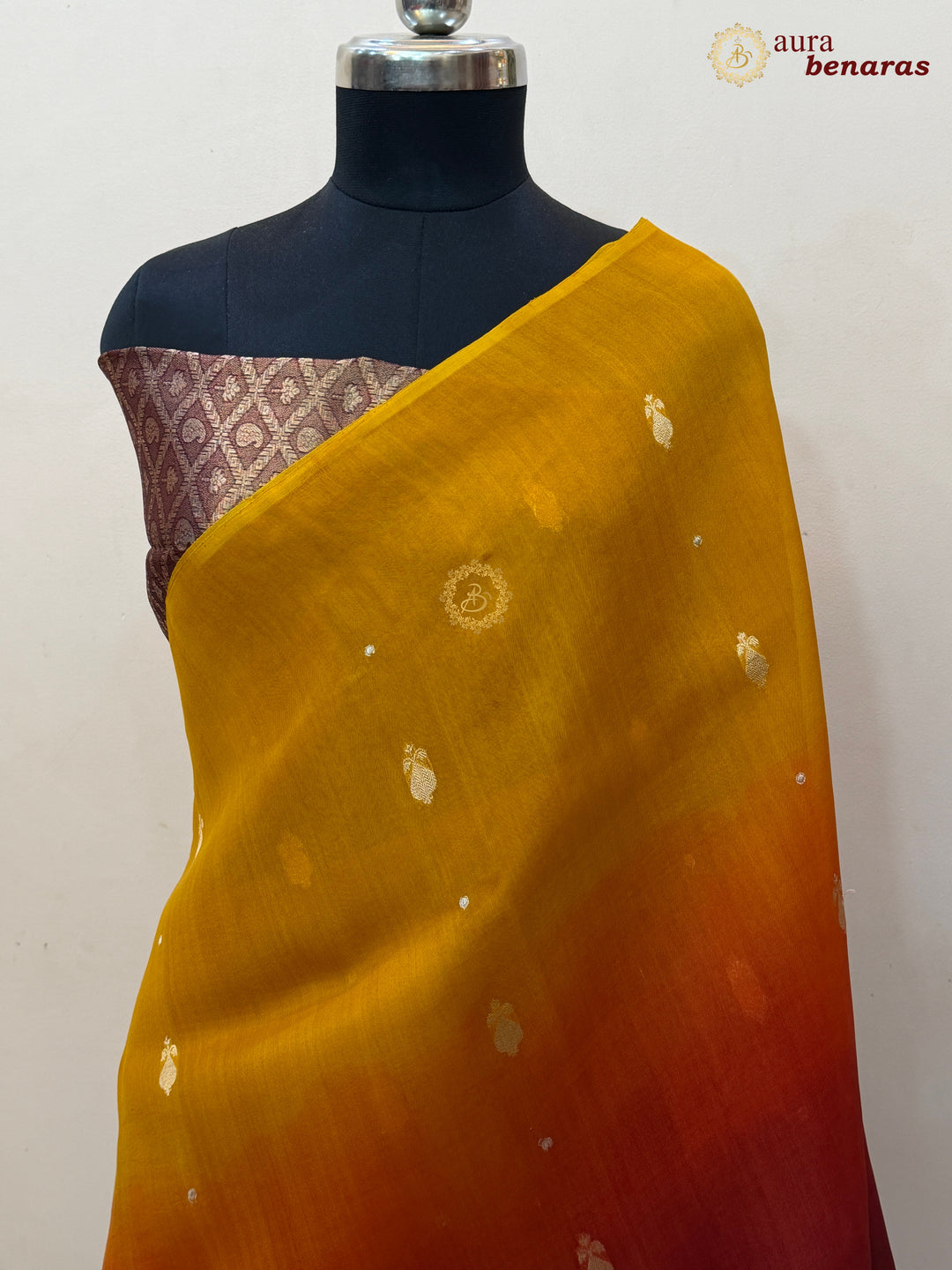 Yellow Maroon Shaded Kora Silk Banarasi Saree with Butis
