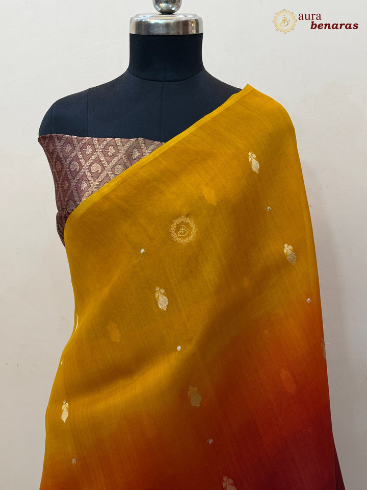 Yellow Maroon Shaded Kora Silk Banarasi Saree with Butis