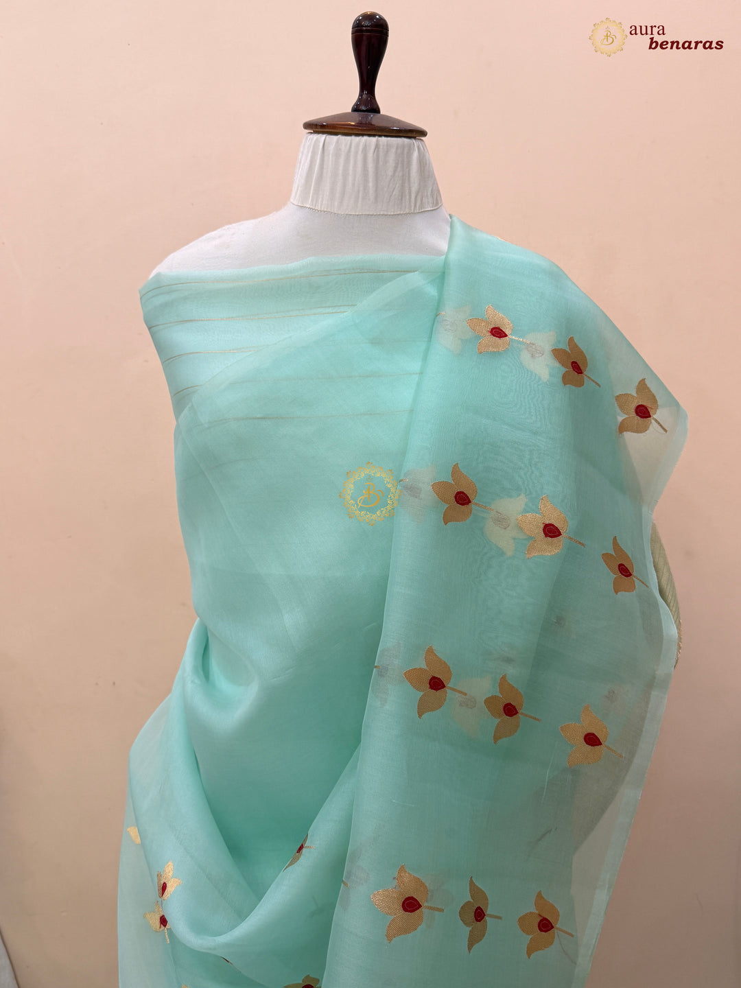 Sky Blue Pure Kora Silk Banarasi Saree with Kadhwa Meenakari Lotus