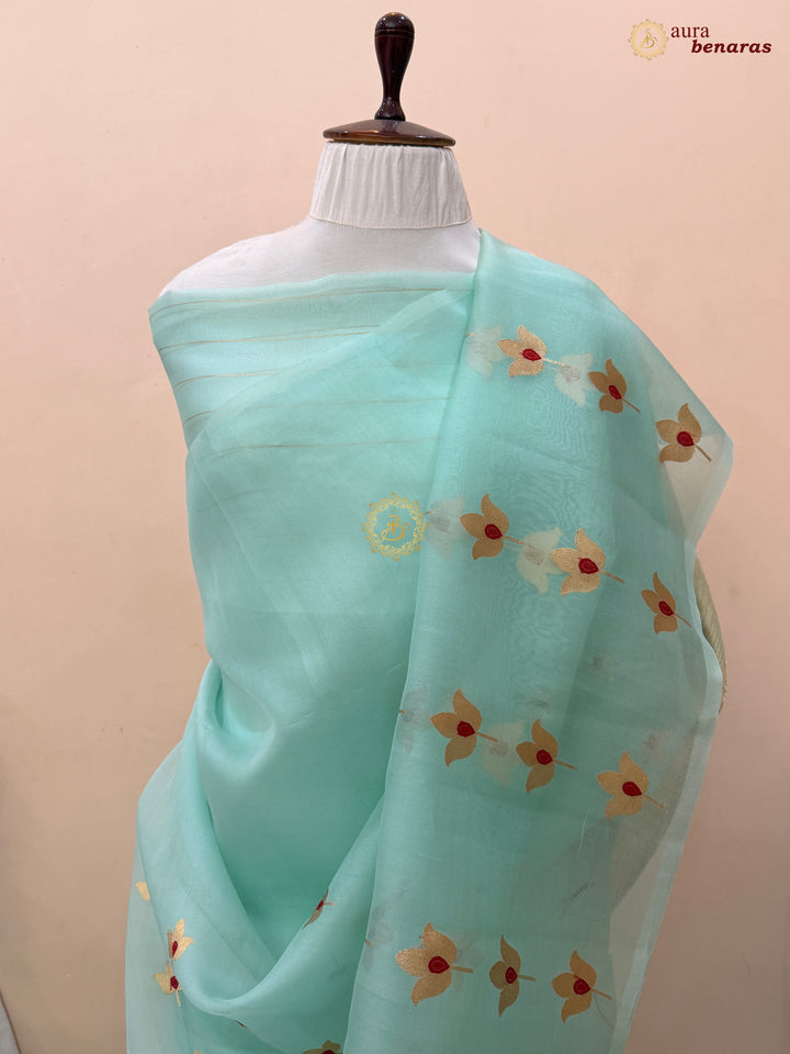 Sky Blue Pure Kora Silk Banarasi Saree with Kadhwa Meenakari Lotus