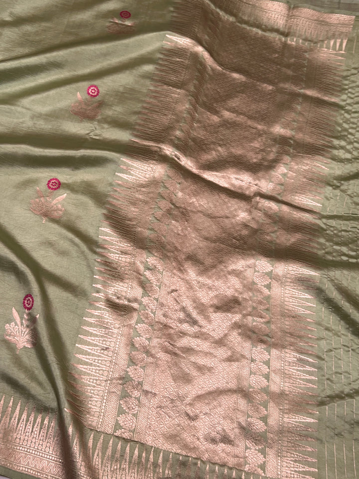 Basil Green Pure Banarasi Handloom Silk Saree | Aura Benaras